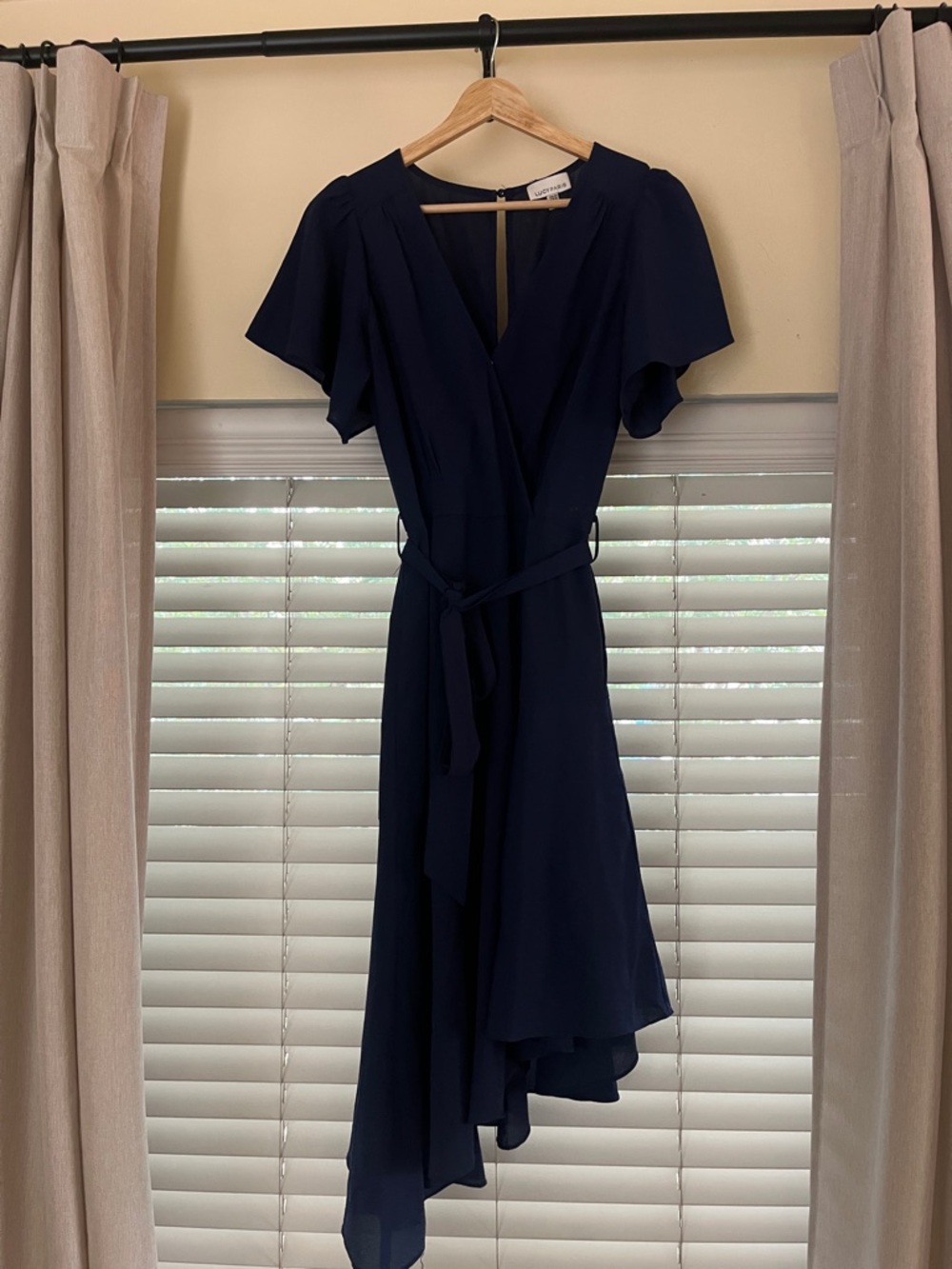 Lucy Paris Navy Blue Asymmetrical Wrap Dress with Flutter Sleeves